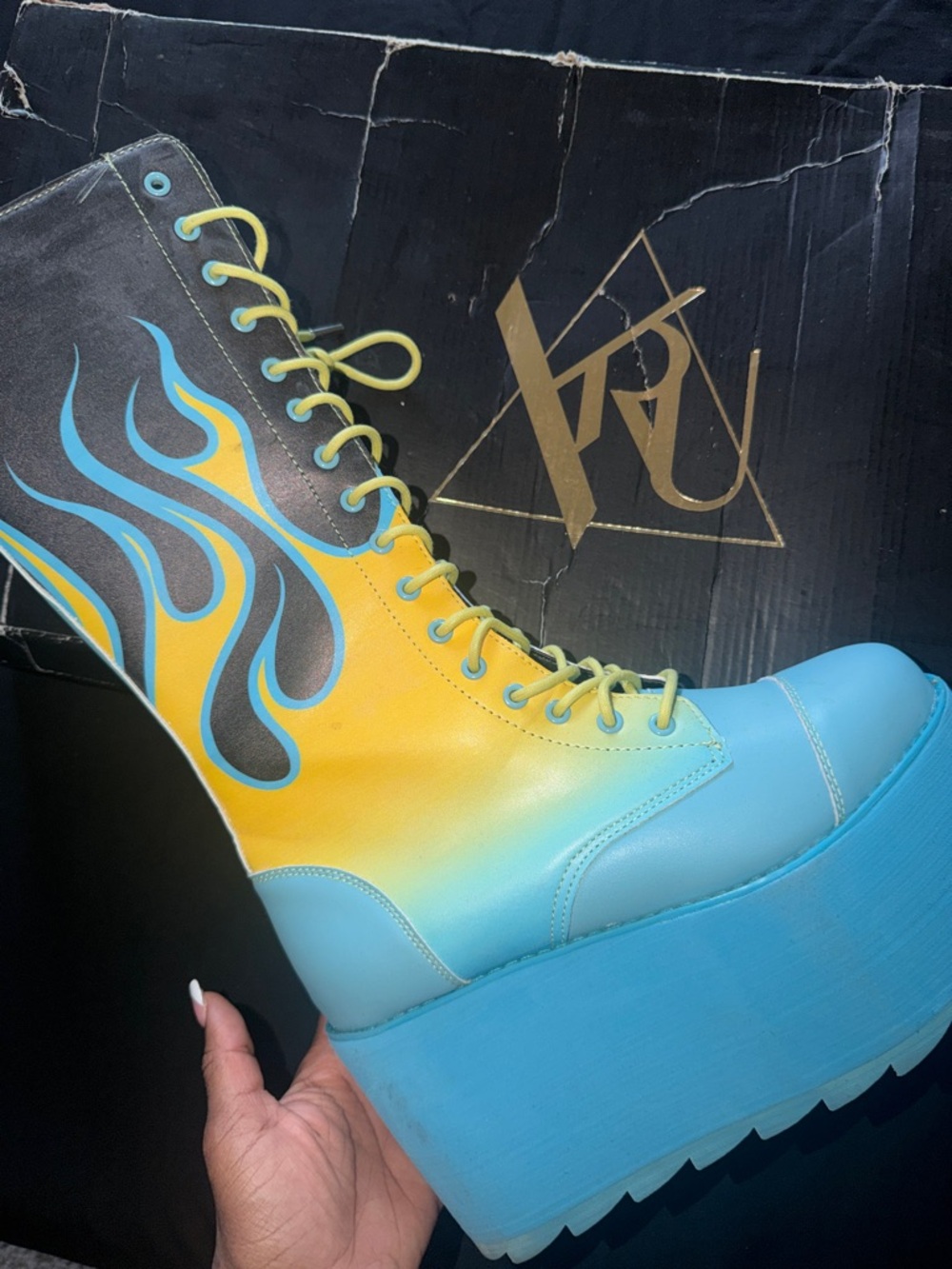 YRU Blue & Yellow Gradient Flame Platform Boots